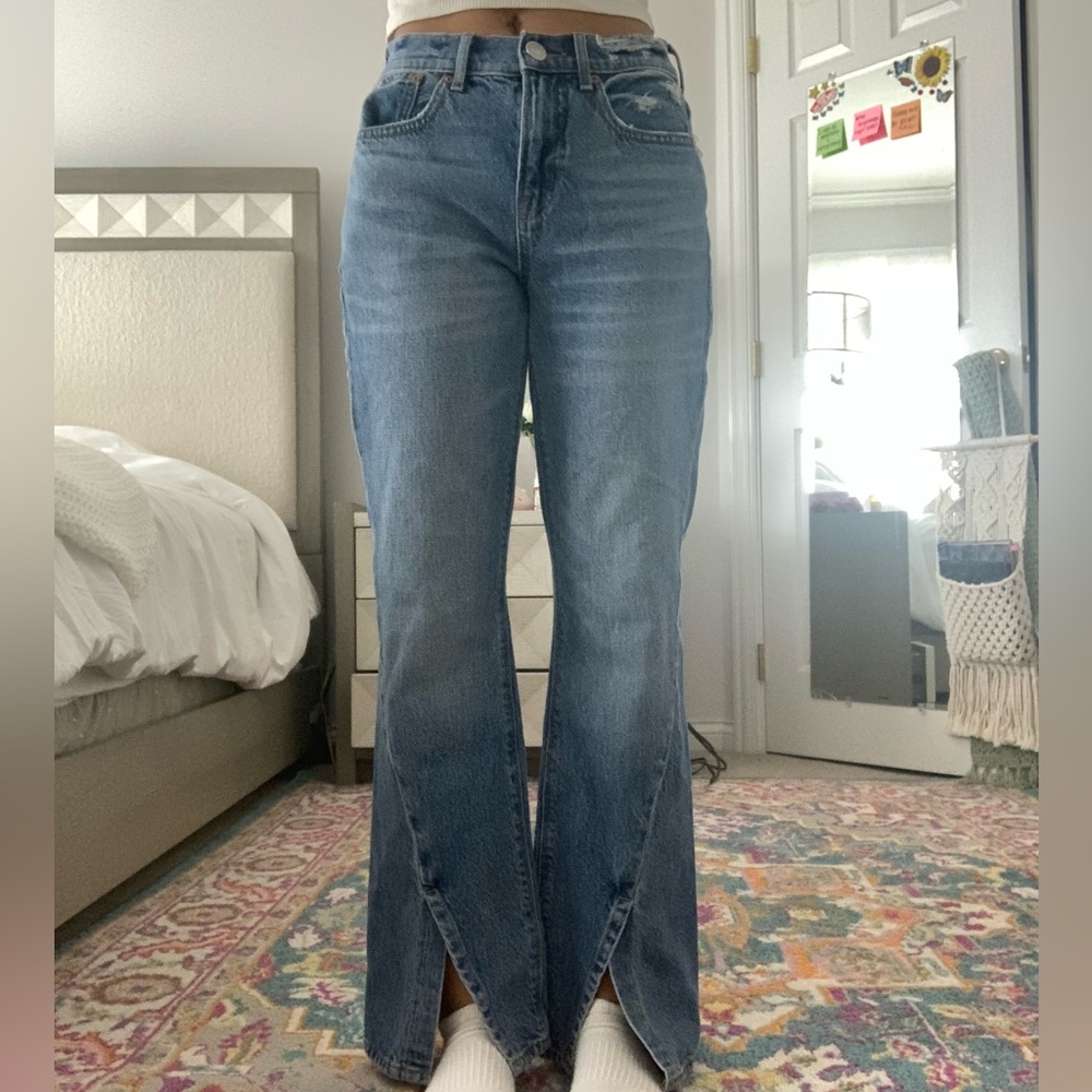 American Eagle Flare Split Hem Blue Jeans